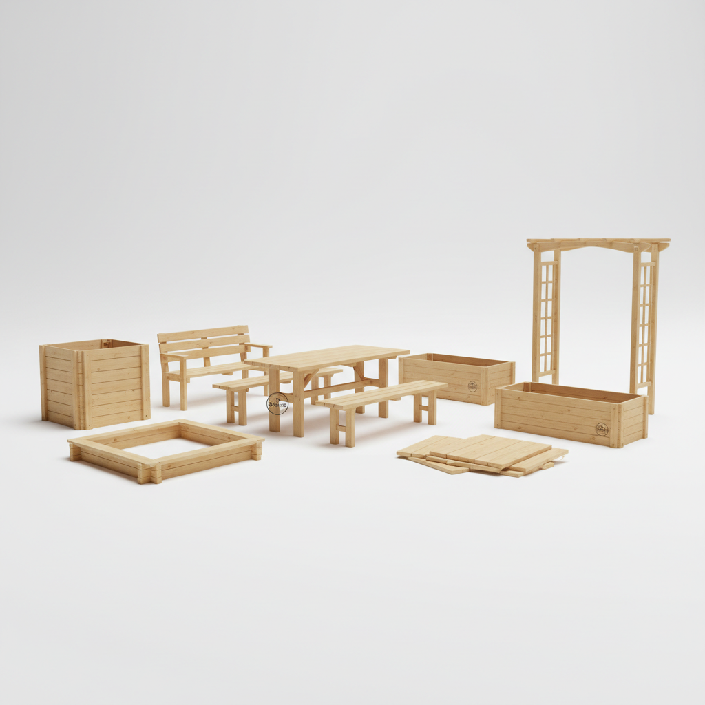 Outdoor garden furniture — spruce and picea abies — tables benches planters